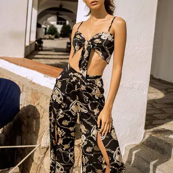 

2 PCS Women Sets Summer Bow Twist Crop Tops Split Trousers Suits Sexy Backless Short Tops Split Pants Two Piece Sets