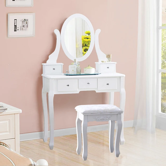 White Makeup Dressing Table Vanity Set Oval Mirror Jewelry Wood 5 White Makeup Dressing Table Vanity Set Oval Mirror Jewelry Wood 5 Drawer Stool Us