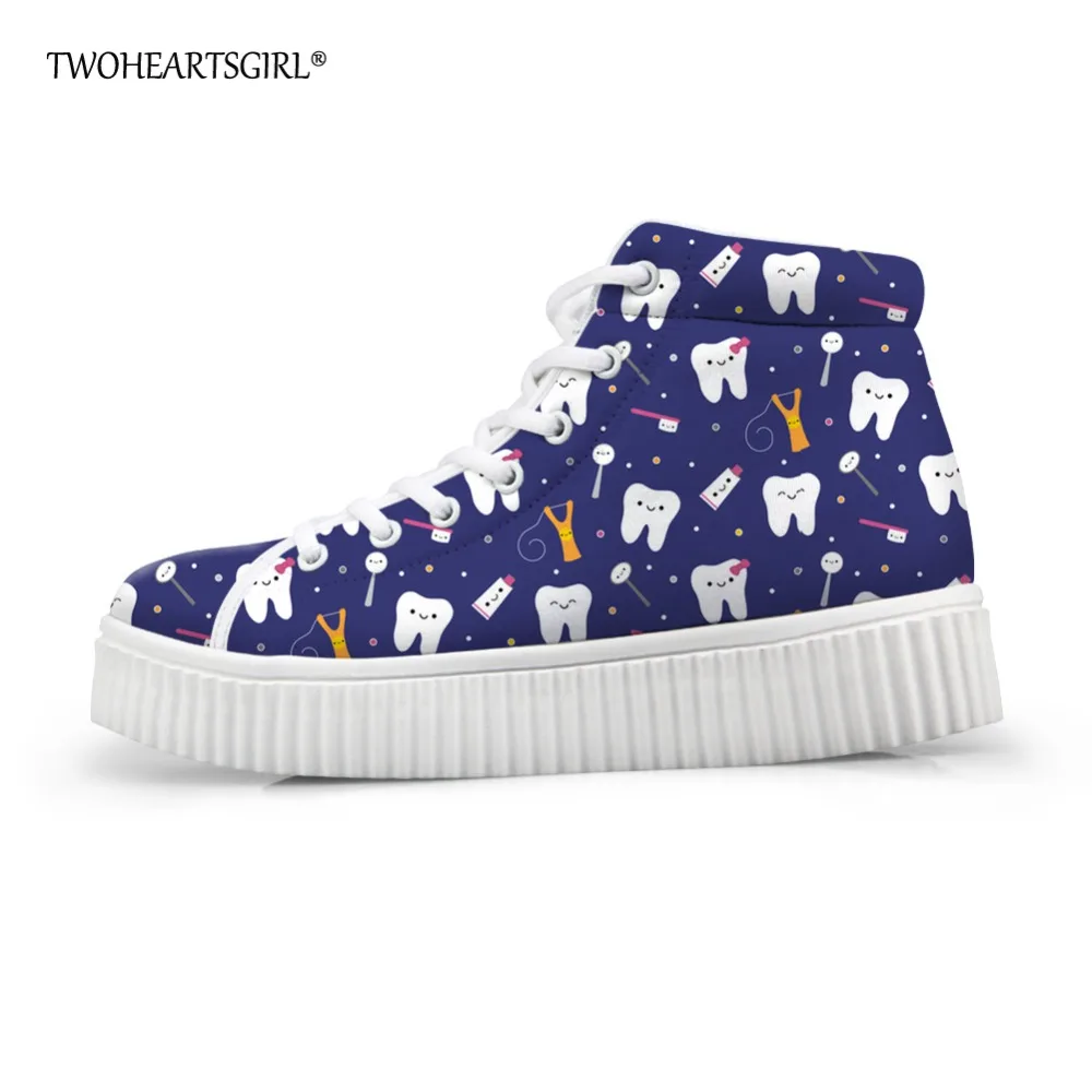 

Twoheartsgirl Blue Women Flats Cute Dental Pattern Creepers for Women Breathable Female Platform Shoes High Top Ankle Shoes