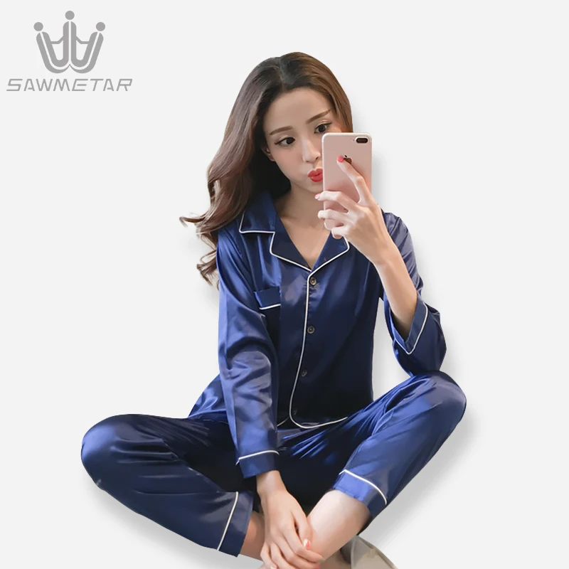 

Silk Pijama Satin Women Pajamas Sets Long Sleeves Pyjamas Turn-down Collar Sleepwear Pocket Decor 2 Pieces Women Silk Pajamas