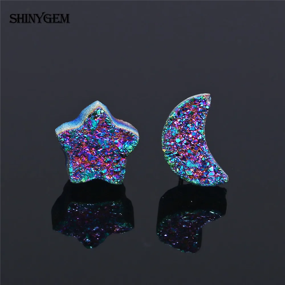 ShinyGem милые серьги с Луной и звездой из натурального камня милые 925 пробы серебряные серьги-гвоздики радужные друзы вечерние серьги для женщин