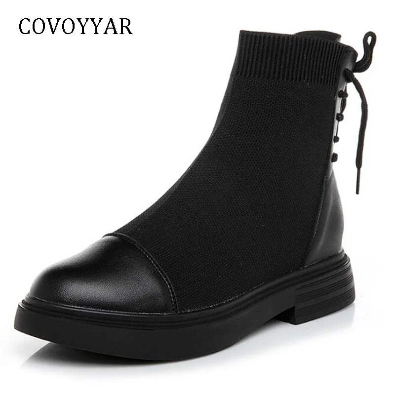 

COVOYYAR 2018 Hot Elastic Socks Boots Women Boots Flat Platform Ankle Booties Back Cross Tied Black Shoes Women WBS1011