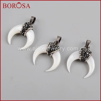 

BOROSA 10/20PCS Natural White Shell Moon Crescent Pendants Rhinestone Pave Zircon, Shell Pendant Bedas for Necklace JAB800