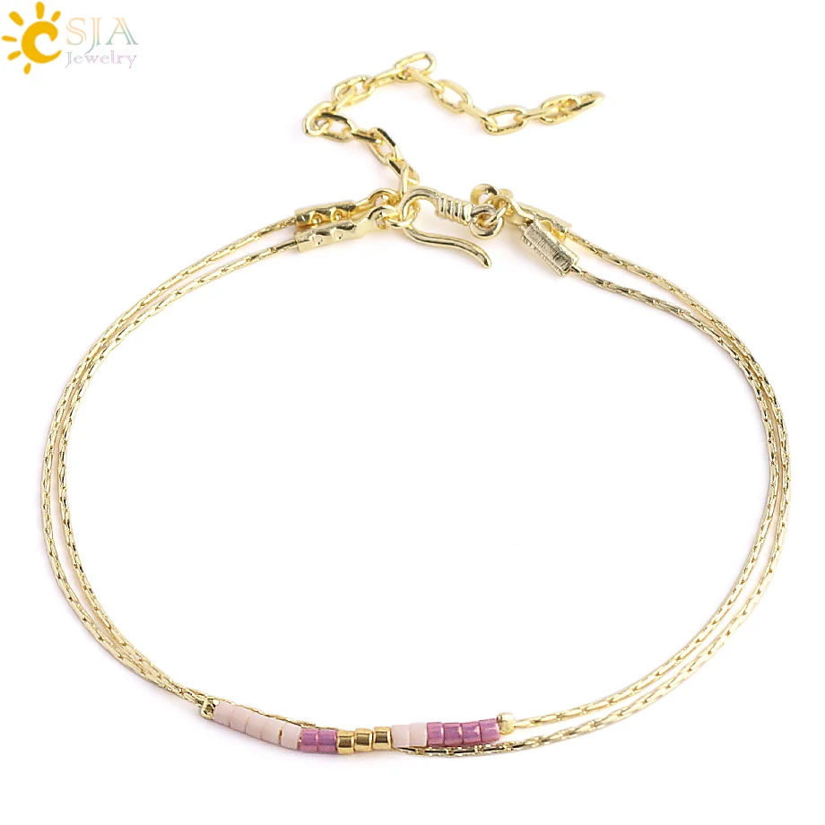 CSJA Multicolor Miyuki Bracelets for Women 2-layer Cute Mini Delica Beads Bracelet Jewelry Adjustable Gold Color Link Chain S187