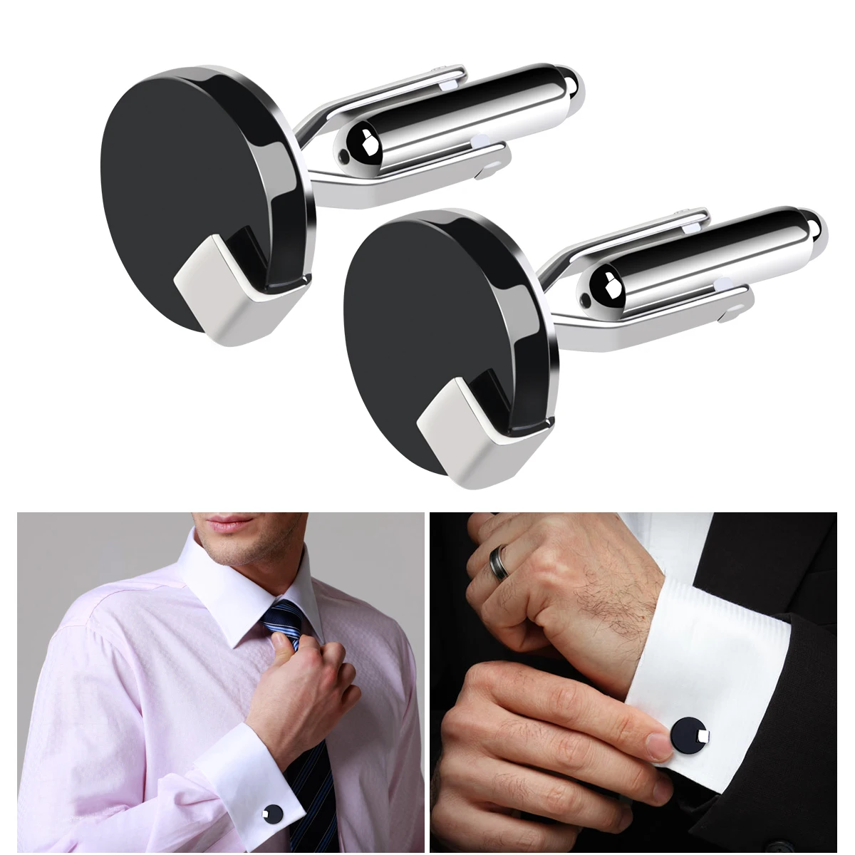 

Pair of Luxury Shirt Cufflinks Round French Style for Men's Brand Cuffs and Buttons Manchette Sleeves Buttons (Silver+Black)
