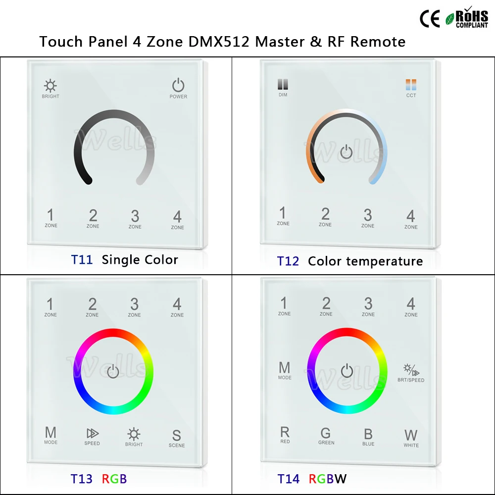 T11/T12/T13/T14 сенсорный Панель 4 зоны RGB DMX512 мастер& RF пульт дистанционного управления для одного цвета/цветовая температура/RGB/RGBW Светодиодная лента