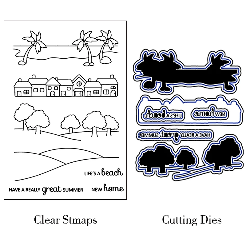 

AZSG Coconut Tree Village Forest Cutting Dies Clear Stamps For DIY Scrapbooking Decorative Card making Fun Decoration Crafts