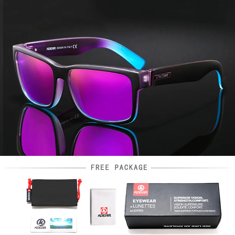 KDEAM, квадратные поляризационные солнцезащитные очки, мужские, спортивный стиль, Revamp, солнцезащитные очки, для вождения, рыбалки,, УФ-линзы TAC, очки, мужские, Gafas, CE коробка - Цвет линз: Purple Lens