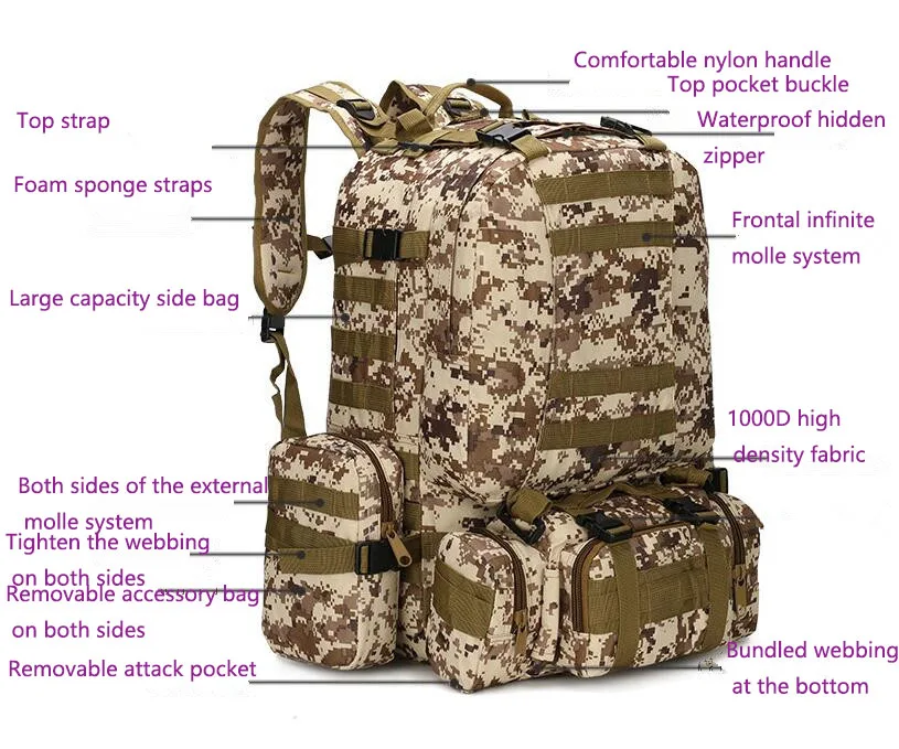 55L Men's Travel Backpack Oxford cloth outdoor backpack army camouflage tactical backpack mountaineering combination backpack 55L Men's Travel Backpack Oxford cloth outdoor backpack army camouflage tactical backpack mountaineering combination backpack
