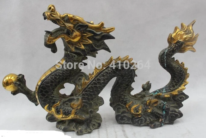

11"Chinese Folk Pure Bronze Gild Lucky Lifelike Dragon Play Bead Statue discount 30%