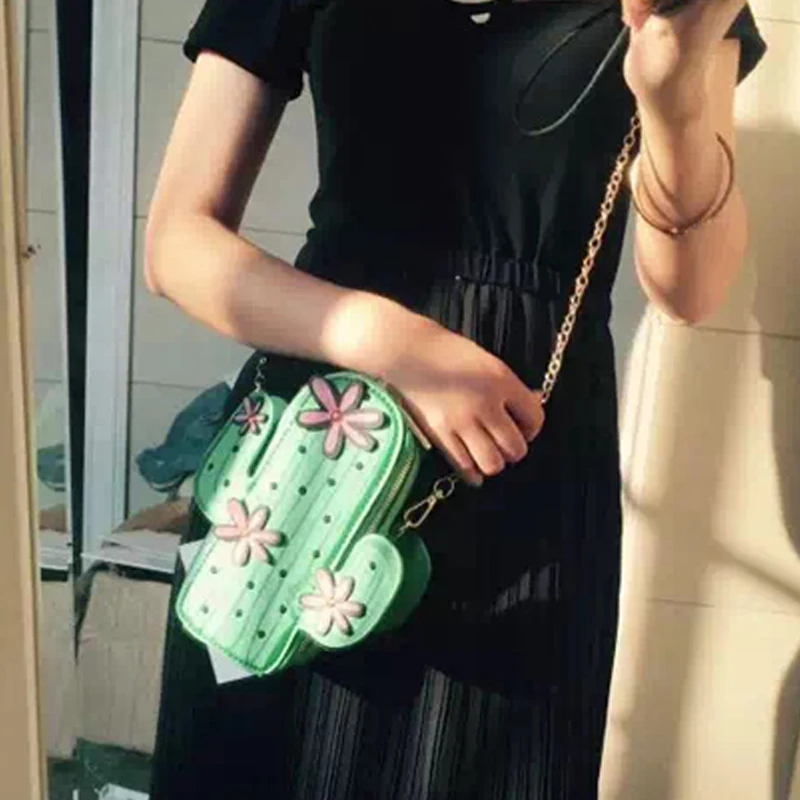 

One shoulder female small Satchel Bag Pu fun cartoon styling package printing cactus chain bag green tide