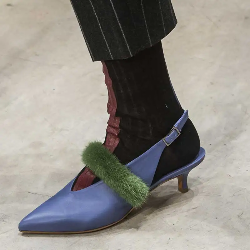 

Pointed Toe Back Strap Women Pumps Mix Color Fur Kitten Heels Sexy Ladies Leather Shoes Runway Brand Design Med Heels Mules
