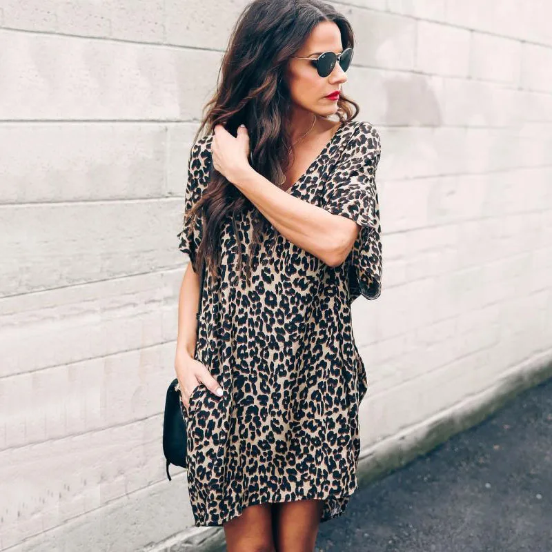 

New 2019 Summer Style Fashion Women Clothing Short Batwing Sleeve V-Neck Leopard Print Streetwear Casual Lady Party Dress DG146