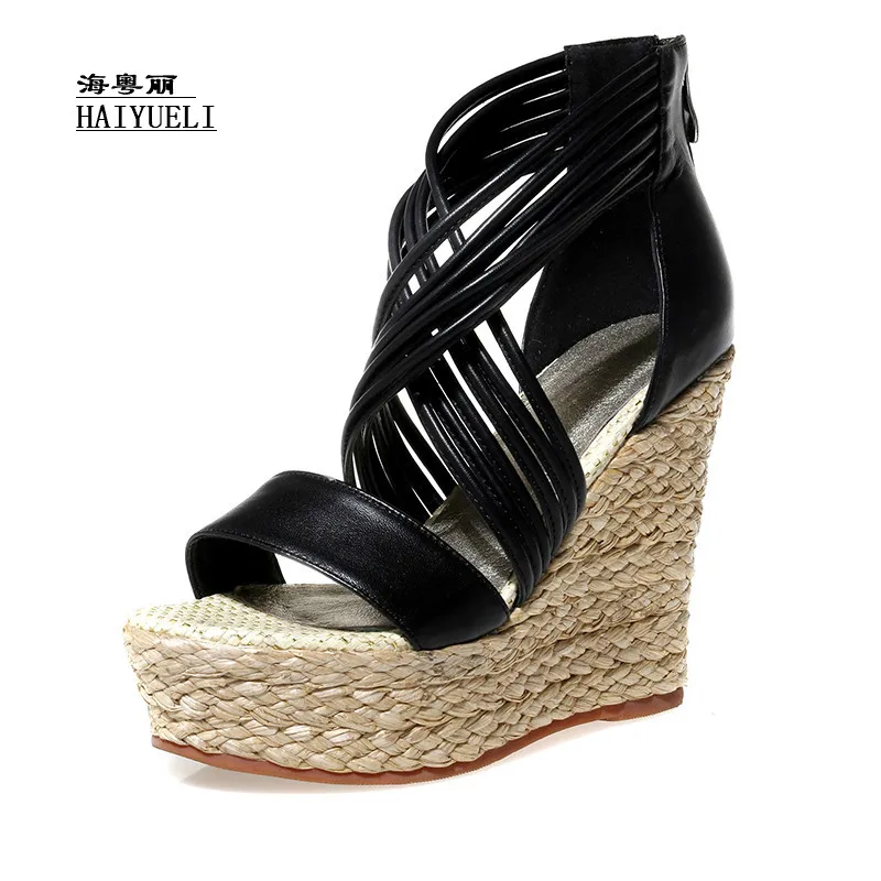 

Top Product Women Shoes Genuine Leather Pure Handmade Straw Wedge Sandals Fish Head High Heels Platform Shoes