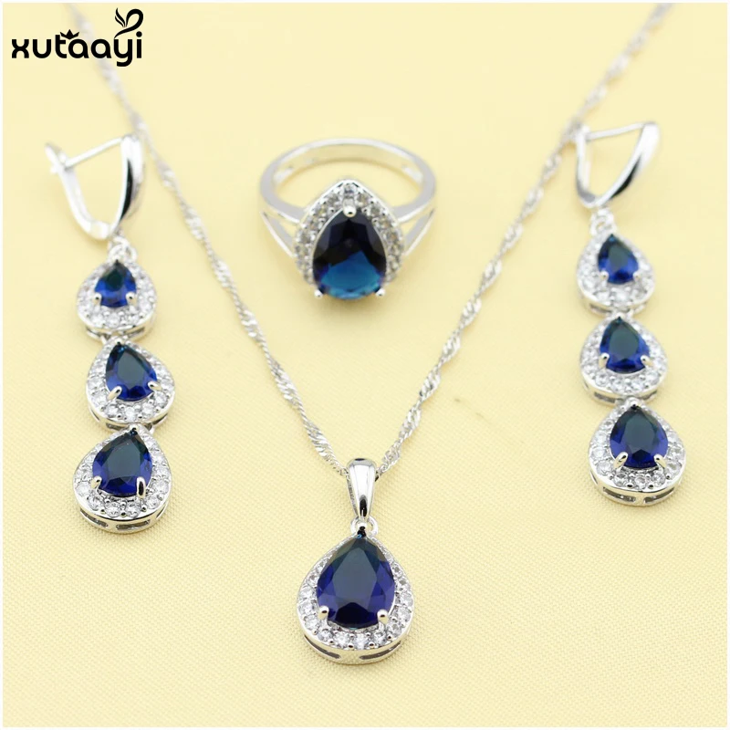 XUTAAYI Top Quality 925 Silver Jewelry Sets Blue Created Sapphired Flawless Necklace/Rings/Earrings/Bracelet For women - Image 2