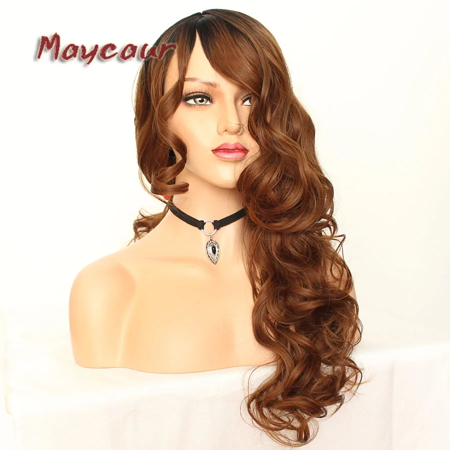 Maycaur Glueless Black Long Wavy Wig with Side Bangs Synthetic Hair Wigs for Women Heat Resistant Fiber Hair Wigs (9)