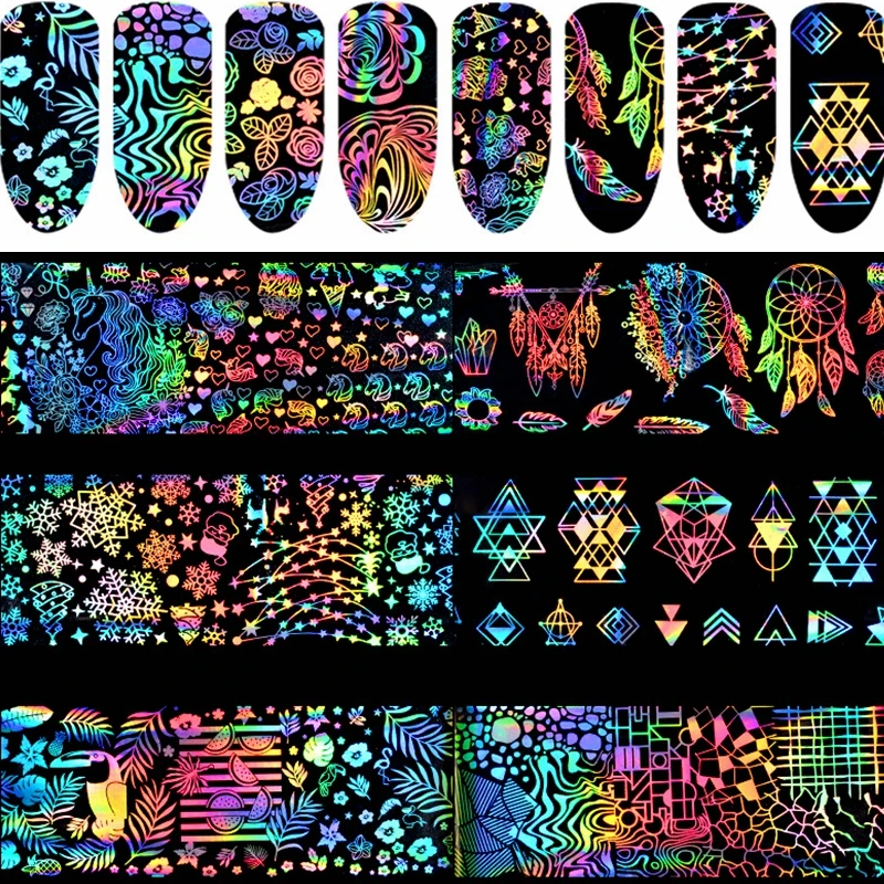 

8 sheets Laser Nail Foils Holo Colorful Feather Snow Flower tattoo full Cover Transfer Nail Art Sticker Glue Decals DIY tips set