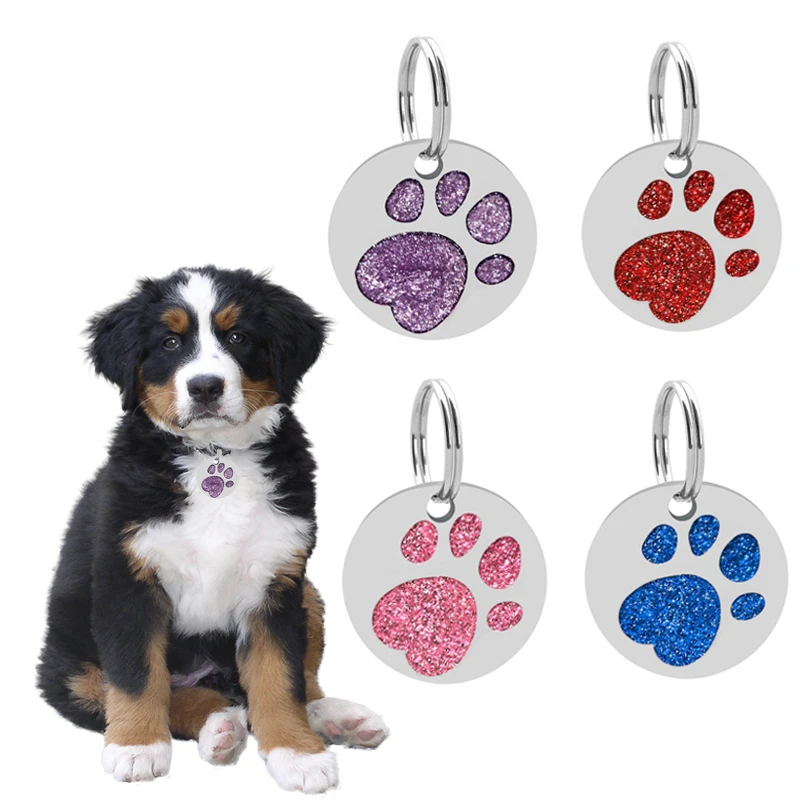 

Bling Glitter Dog ID Tags Anti-lost Pet ID Tag Customized Engraved Pet Cat Puppy Dog Collar Accessories for Dog & Cat Paw Print