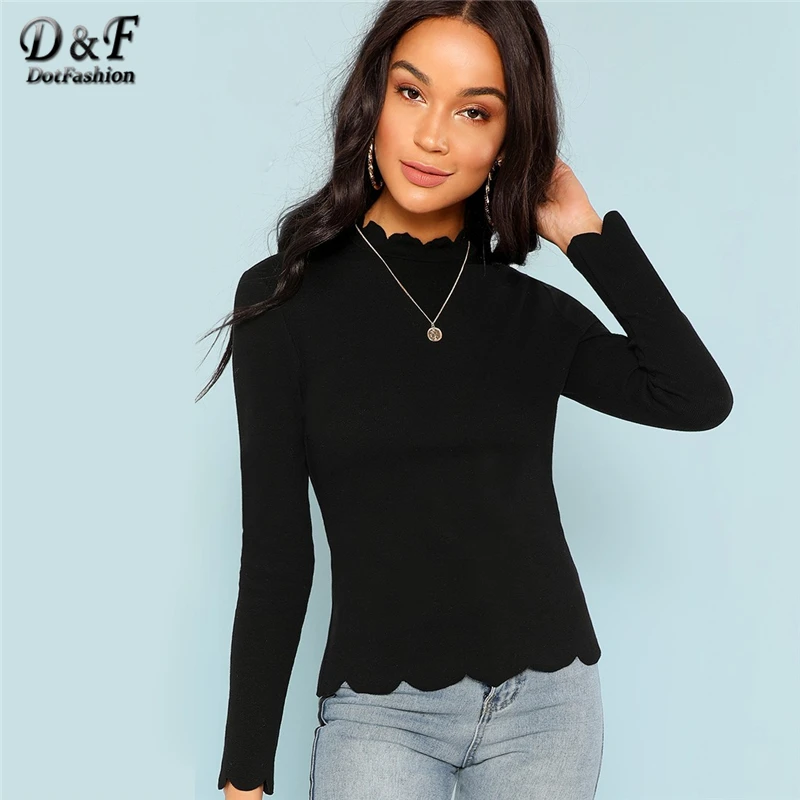 Dotfashion Scalloped Neckline Form Fitting Solid Tee Womens Long Sleeve