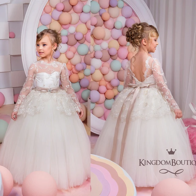 Cheap 2016 Little Girls Party Dresses Crew Neckline Backless Lace Puffy Floor Length Tulle Ball Gown Little Flower Girls Dress