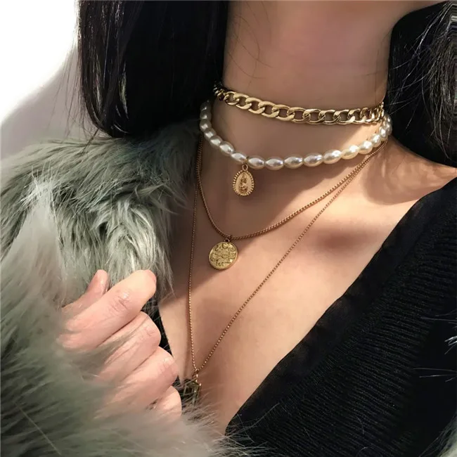 DIEZI Luxury New Design Imitation Pearl Choker Necklace Female Coin Pendant Necklaces for Women Gold Color Fashion Jewelry - Окраска металла: coin