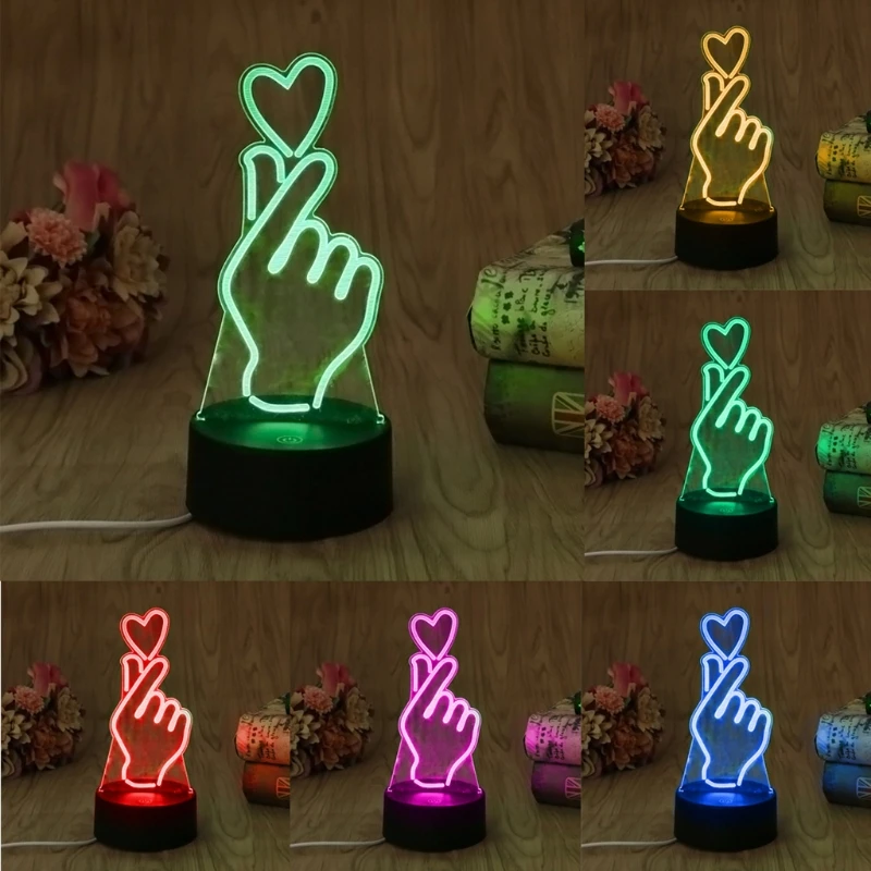 

USB Novelty 7 Colors Changing Finger Heart LED Night Light 3D Desk Table Lamp Home Decor
