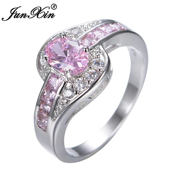 Junxin женский розовый овальное кольцо Мода белый и черный золото ювелирные изделия, заполненные Винтаж Свадебные Кольца для Для женщин День рождения камень подарки - Цвет основного камня: White Gold