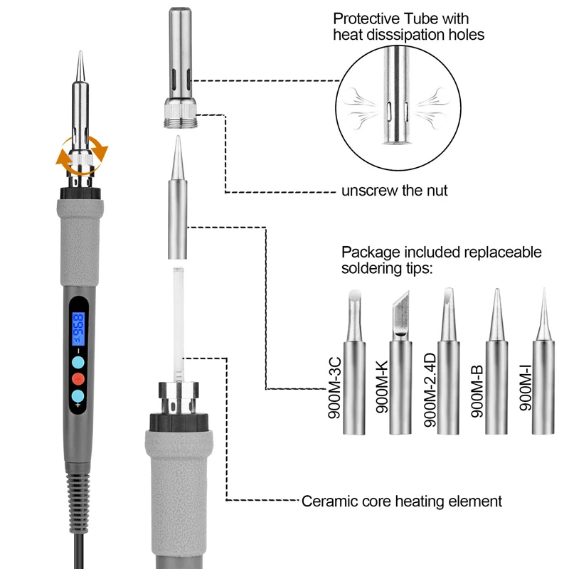 60W Adjustable Temperature Electric Soldering Iron Kit 5pcs Tips Digital Multimeter Desoldering Pump Welding Stand Repair Tool