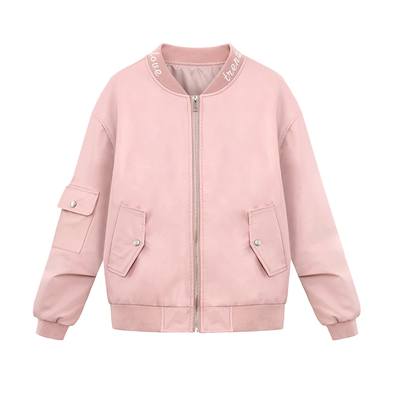 Fashion Pink Embroidery Bomber Jacket for Girl 2017 Autumn Trendy Long