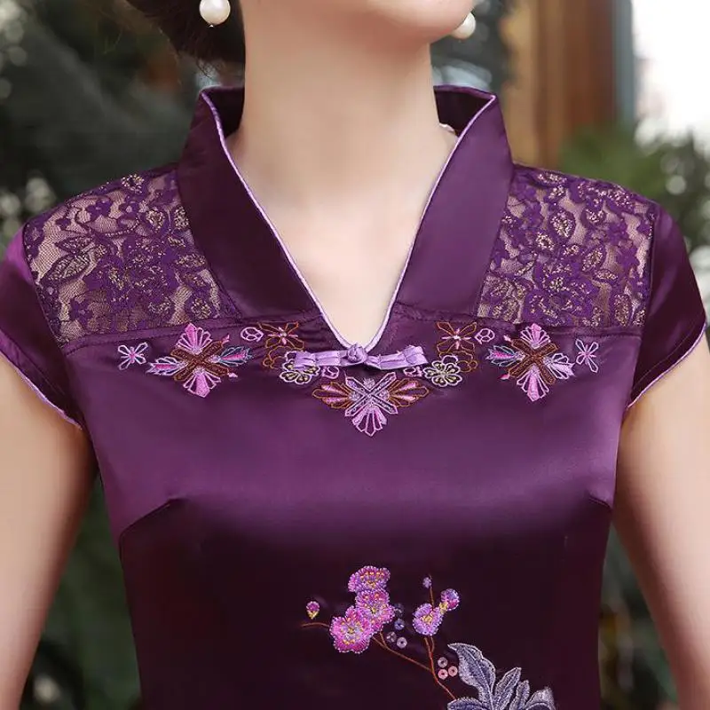 Elegante bordado flor Mini Qipao 2019 verano encaje Sexy Cheongsam púrpura Vintage baja División vestido chino Oversize S-6XL - 5