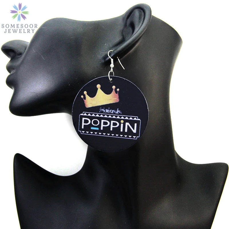 

SOMESOOR Printed AFRO Crown Wood Drop Earrings African POPPIN Black Queen Ethnic Lightweight Dangle Jewelry For Women Gifts