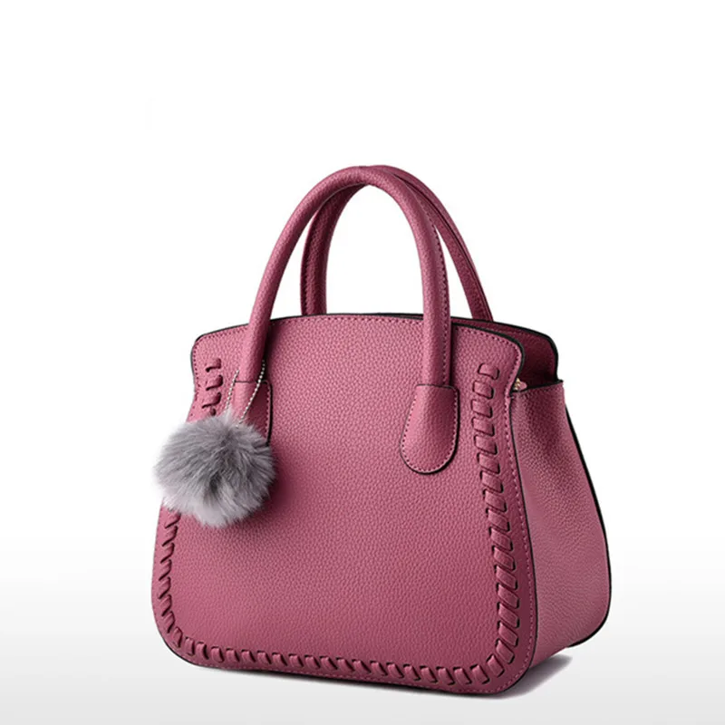 

New Fashion Women Purse and Handbags Woven Edges Design Bag Women PU Leather Shoulder Bag Plush Ball Pendant Messenger Bags