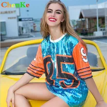 ChenKe/Летние Стильные женские футболки, расшитые блестками, женские повседневные футболки с круглым вырезом, Длинные футболки для женщин