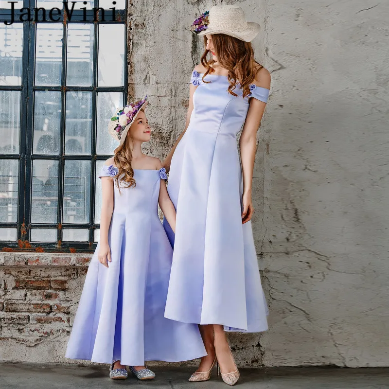 JaneVini Lavender Satin Mother and Daughter Evening Dresses Long Plus Size Formal Gown 2019 Handmade Flowers Women Party Wear