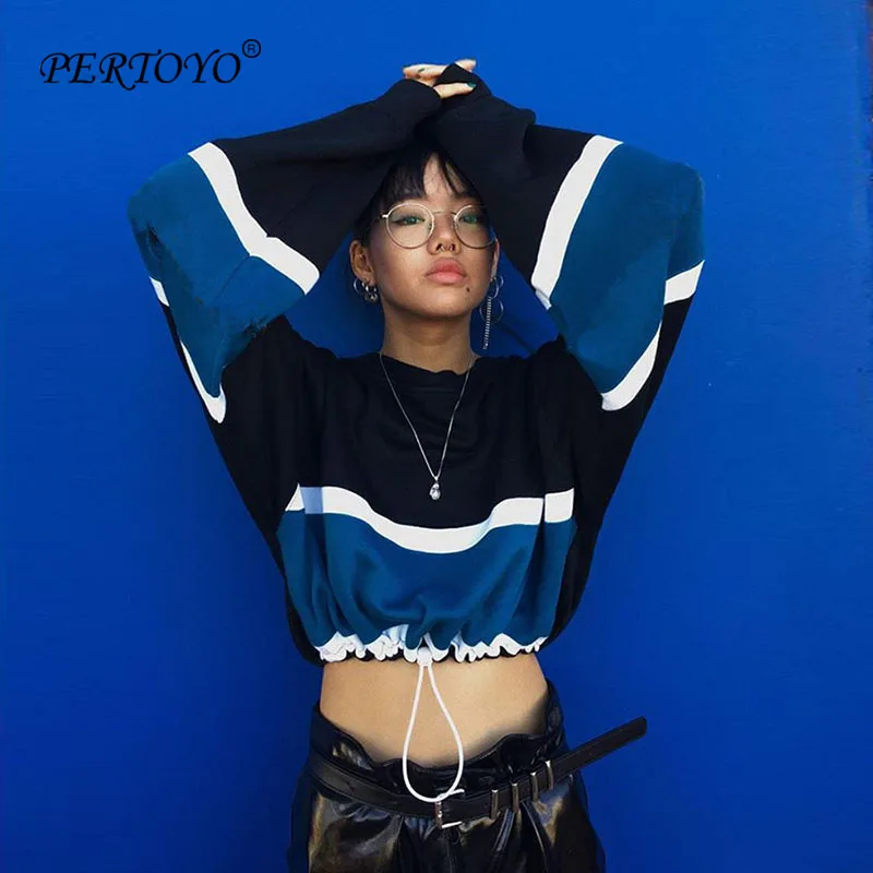 

PERTOYO Long Sleeve Blue White Striped Patchwork Drawstring Sweatshirts 2018 Autumn Winter Women Casual Short O-Neck Crop Tops