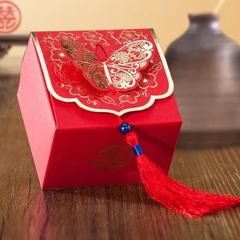

free shipping gold stamping butterfly with tassel chinese red paper chocolate favor box , WSM40