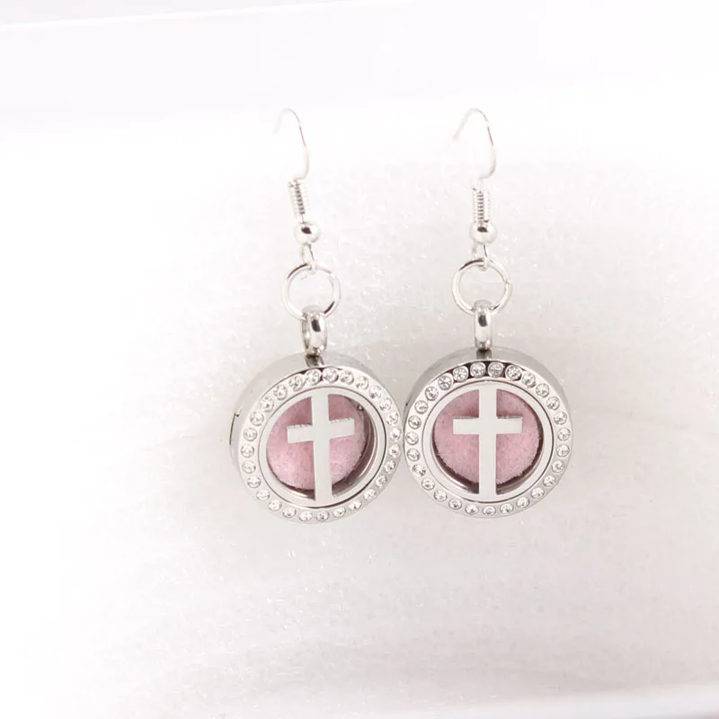 

Hight Quality 20MM Stainless Steel Cross Essential Oil Diffusing Crystal Locket Earrings Perfume Aromatherapy Locket Earrings