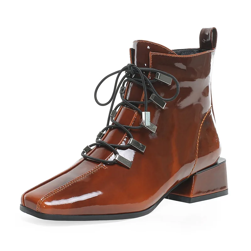 ISNOM/ботинки на толстом каблуке; женские ботильоны из коровьей кожи; обувь с квадратным носком; женская обувь с металлическими элементами; модная женская обувь на шнуровке; зимняя обувь - Цвет: brown