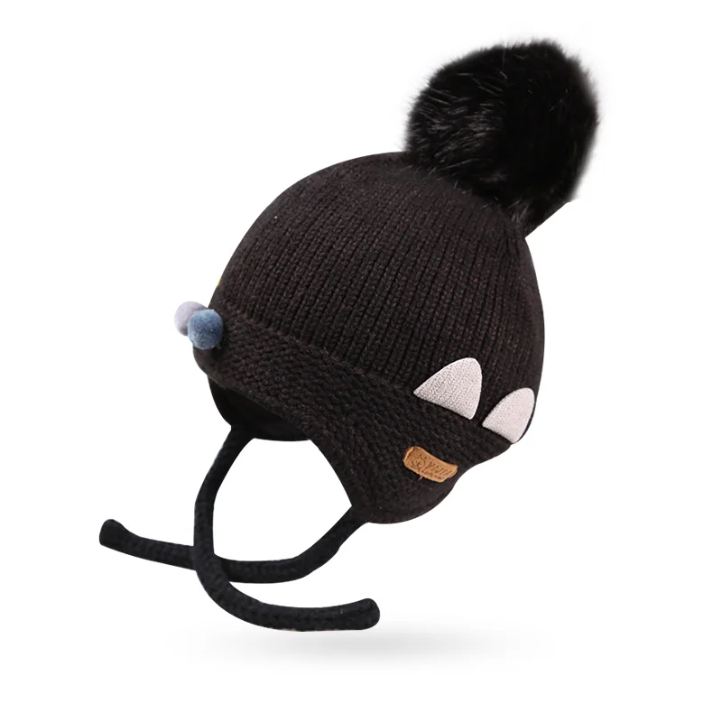 Cat Cartoon Baby Girls Hat Knit Warm Infant Beanie Hat Winter Solid Crochet Hat With Pompom Lace Up Ear Protect Beanie Baby Boy (5)