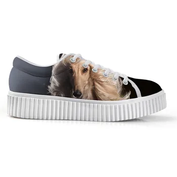 

New Spring Afghan Hound Print Flats Shoes 2019 Female Lace-up Stylish Of Low Top Height Increasing White Canvas Platform Shoes