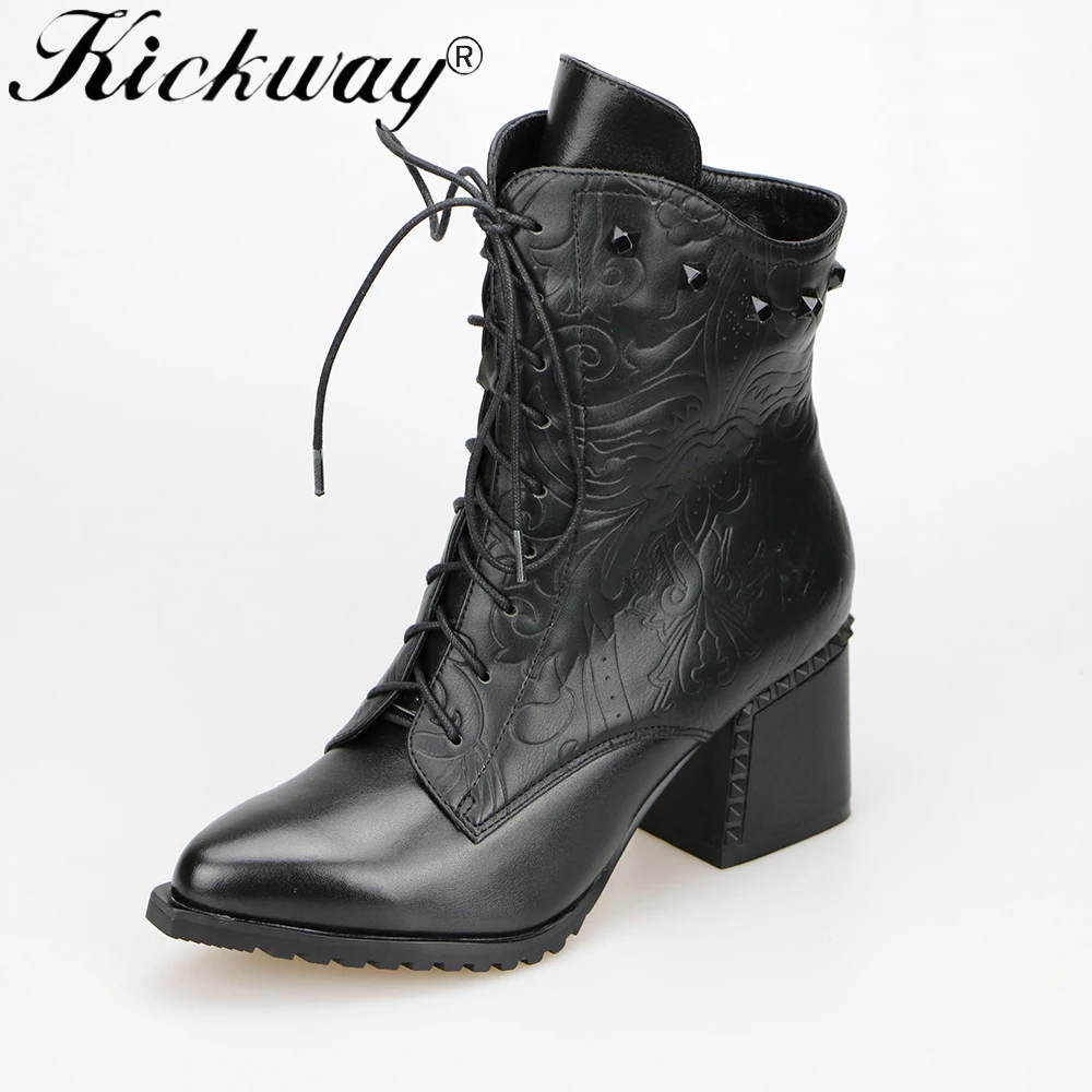 Kickway/женские ботильоны; женские ботинки; большие размеры 34-43; botas mujer invierno; коллекция года; на шнуровке; с острым носком; из натуральной кожи; на среднем каблуке