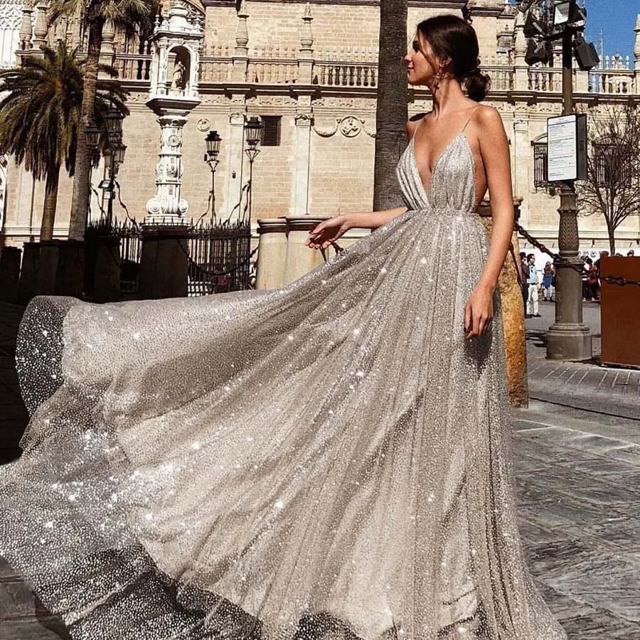 

Sling V-Neck Dress Rhinestone Gold Glitter Party Dress Maxi Vestidos De Verano Backless Sexy Dress Party 70j015