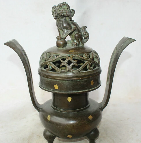 

JP S0524 14" Marked Chinese Dynasty palace Bronze 3 Foot Lion globe Incense Burner Censer