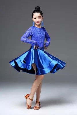 Латинское платье для танцев для девочек, длинный рукав, кружевное Стандартный Бальные платья для танцев для детей; одежда для сцены для сальсы, одежда - Цвет: blue