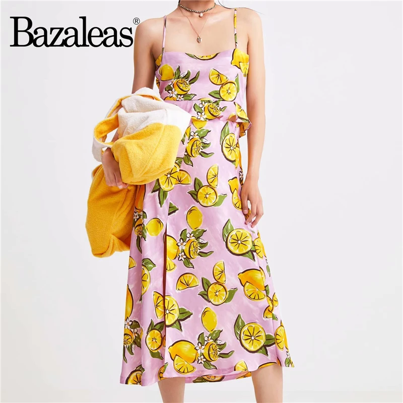 

2019 Lemon Print Two Piece Set Pink Women Summer Suit Crop Top And Midi Skirt Harajuku Cropped Blouse Casual