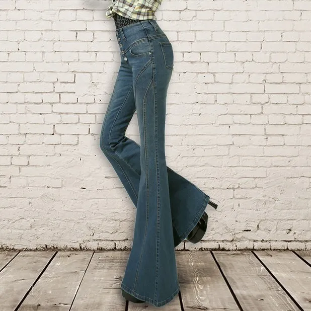 Женские высокая посадка на пуговице, расклешенные джинсы, женские широкие расклешенные джинсовые брюки, женские облегающие джинсы Vinatge Bell Bottom Mujer - Цвет: Синий