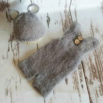

Newborn Bear Hat Knitted Mohair Romper Crochet Baby Overalls Newborn Photography Prop