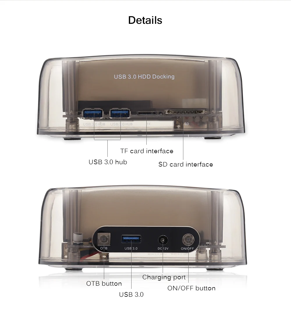 Прозрачный USB 3,0 для SATA IDE Dual Bay 2," /3,5" док-станция для жесткого диска с устройство для чтения карт SD TF и 2 портами USB 3,0 Hub