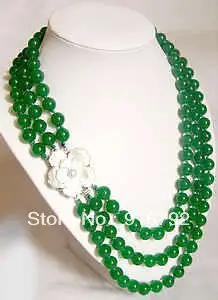 

free shipping >>>>>3 row nobler 8mm green jade necklace shell flower clasp