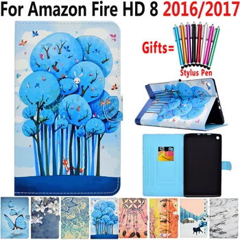 

Fashion Smart Sleep Auto Awake Case for Amazon Fire HD 8 2016 2017 Painted Leather Flip Silicon Cover Shell Coque Capa Funda